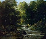 A River Landscape in Springtime Paintings - River Landscape by Gustave Courbet